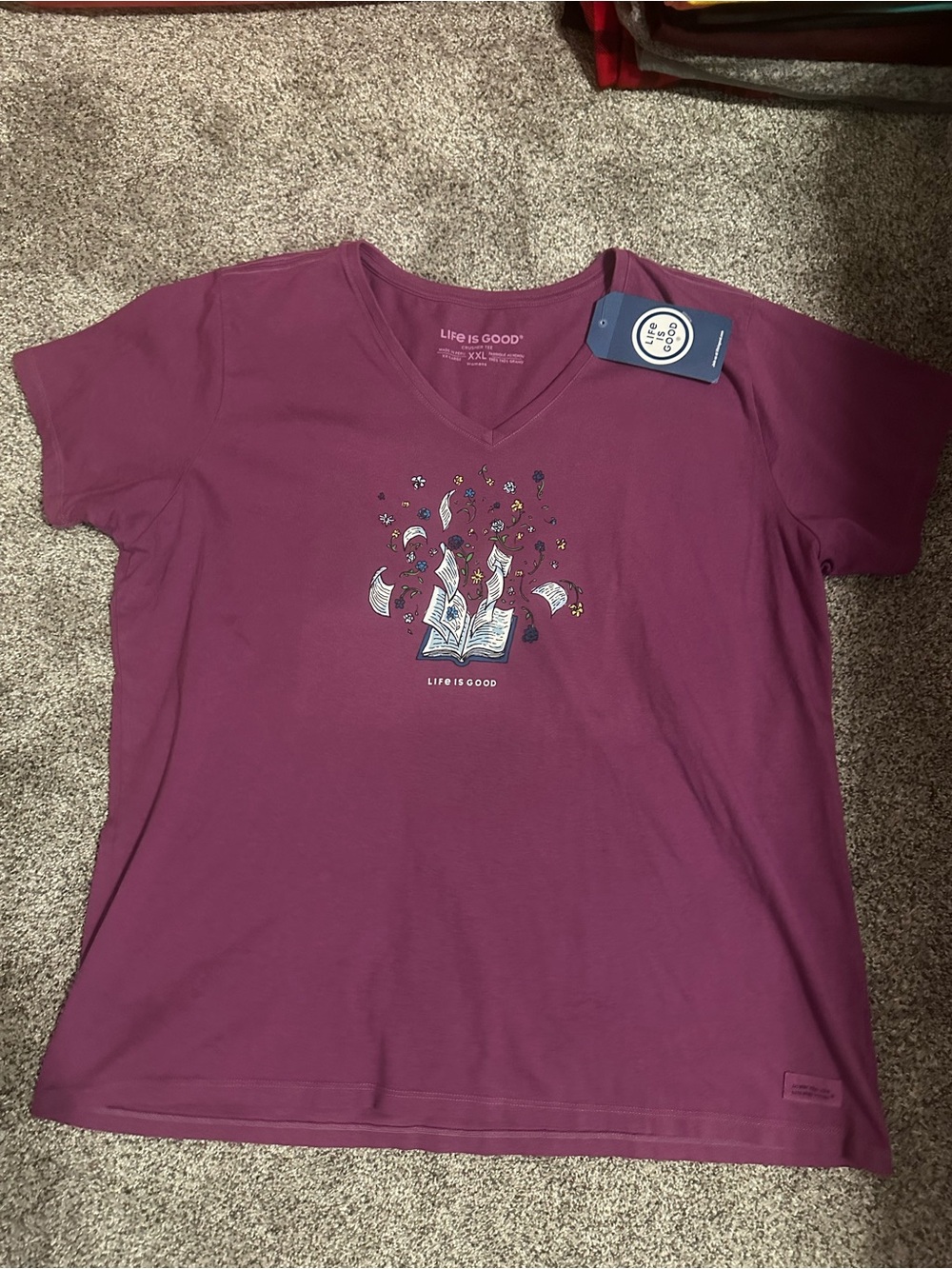 Life Is Good Berry Plum V-Neck Tee with Book Graphic